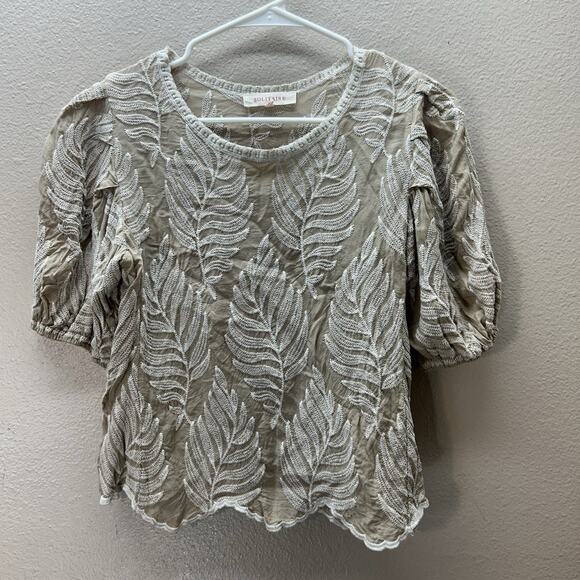 Solitaire Top SZ S Tan Embroidered Boho Peasant Scoop Neck Blouse Minimalist - Picture 1 of 4